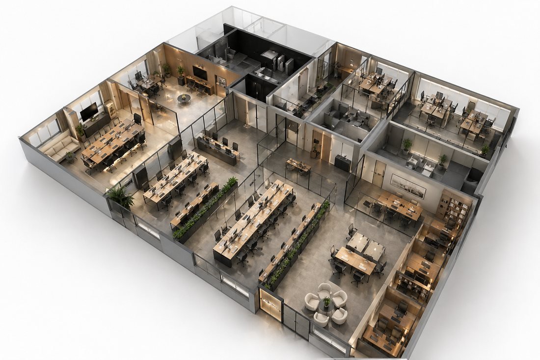 Planta em três dimensões de um andar corporativo, vista de cima, com salas de reunião, estações em ilha, copa e áreas de apoio.