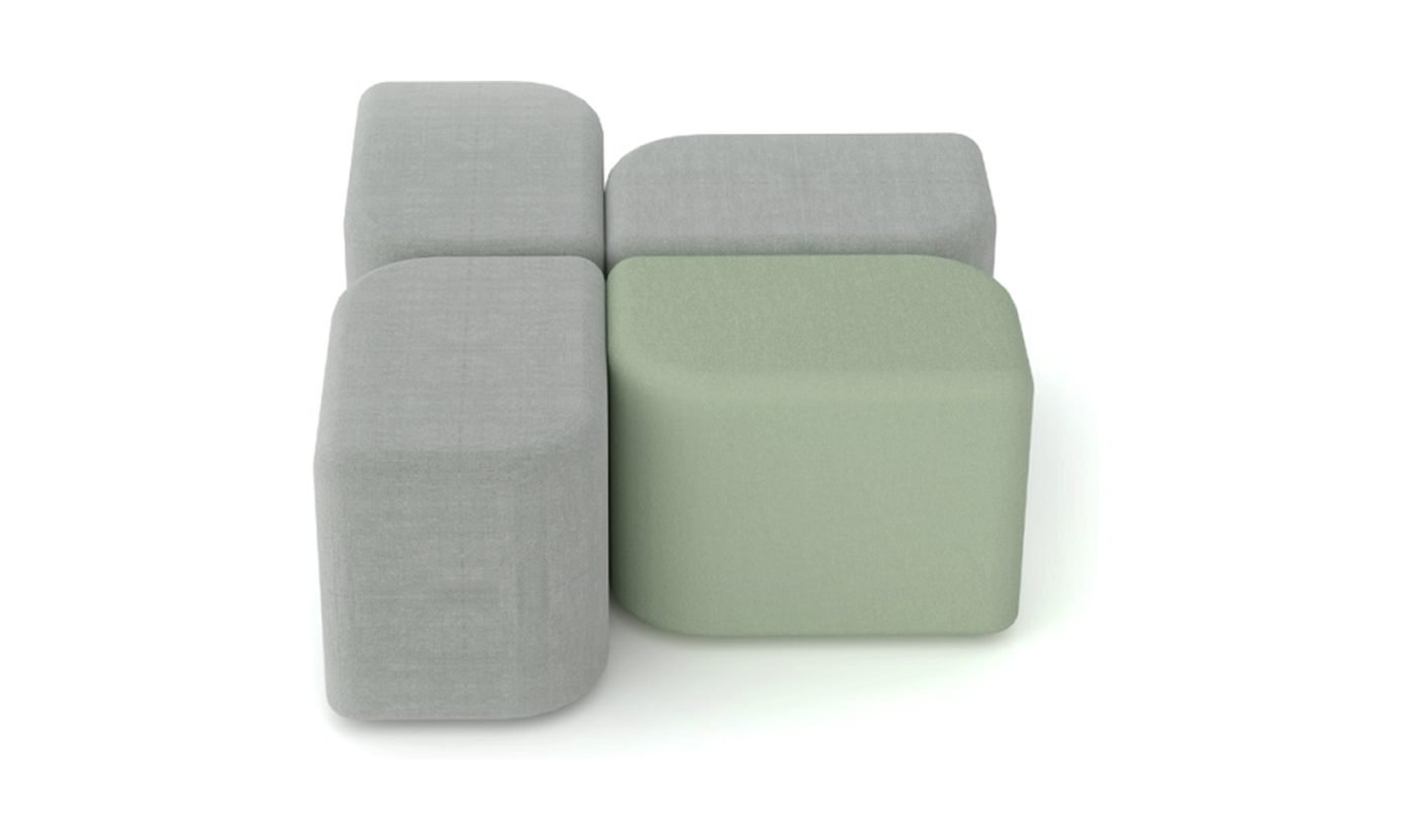Pufes modulares em cinza e verde encaixados em bloco.